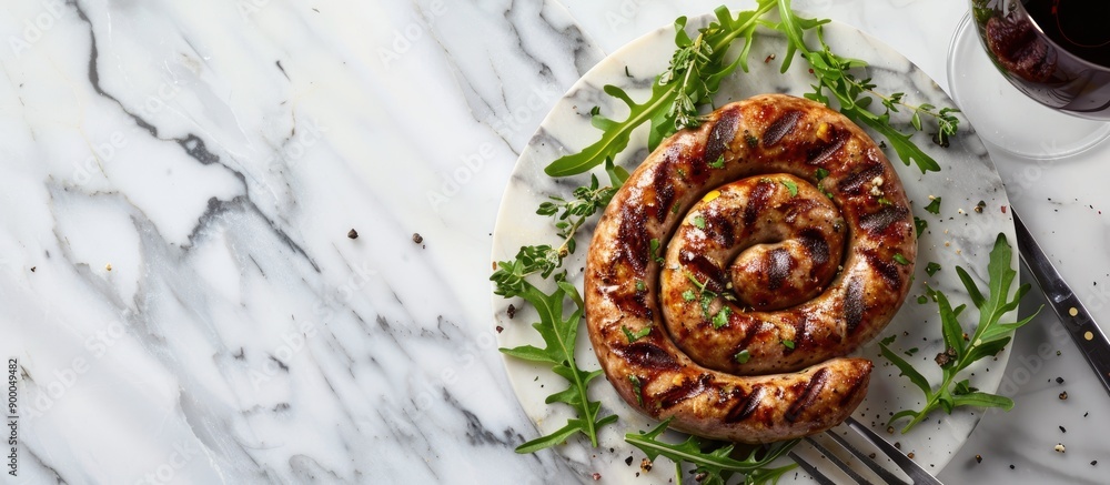 Poster spiral grilled sausage with veggies and herbs accompanied by a glass of red wine and cutlery set on 
