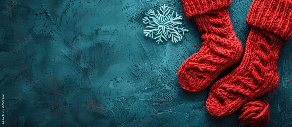 Poster red knitted socks on a winter holiday themed background with ample copy space captured in an aerial 