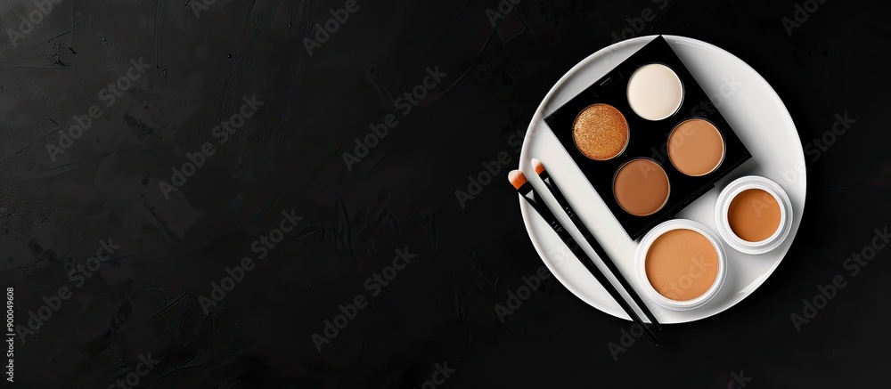 Poster makeup items arranged on a white plate against a black background with space for text includes eyesh
