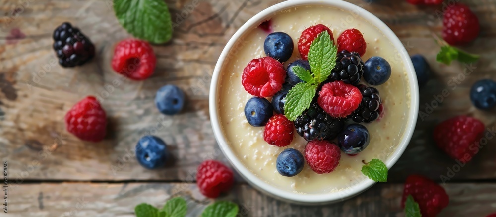 Aufkleber semolina pudding topped with fresh berries displayed on a wooden surface ideal for a copy space imag