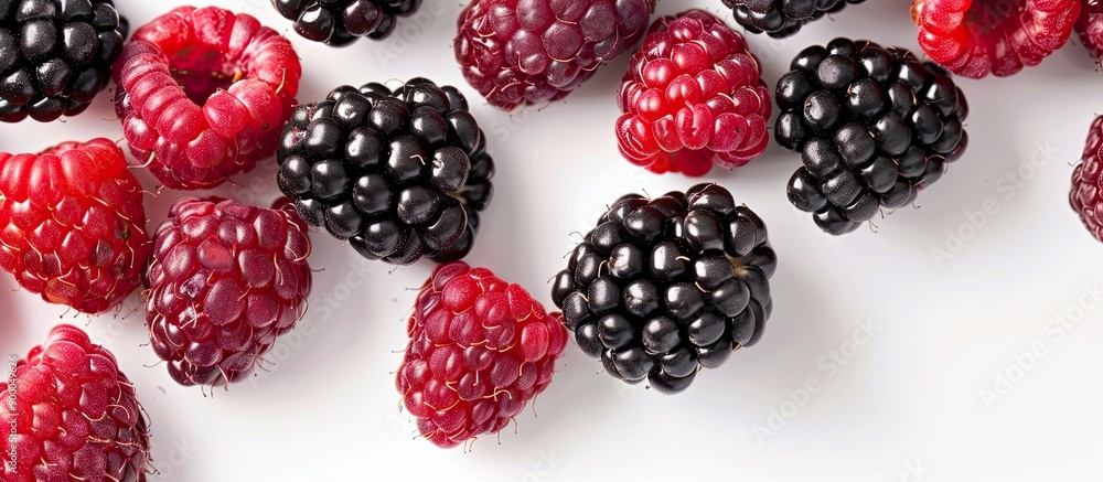 Poster close up of red and black raspberries on a white backdrop with copy space image