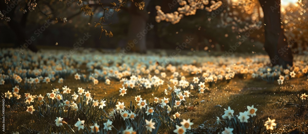Poster daffodils scattered in the park featuring a white and yellow color palette and providing copy space 