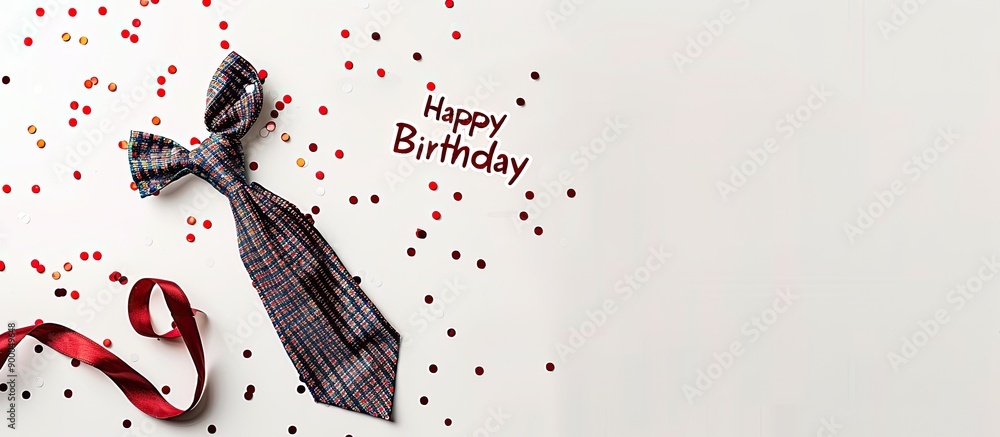 Poster Top down view of a white background with a man s tie and a Happy Birthday message ideal for a copy space image