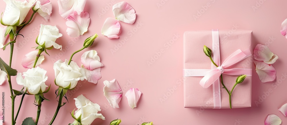 Aufkleber top view of white eustoma flowers and a pink gift box on a background for a holidays greeting card c