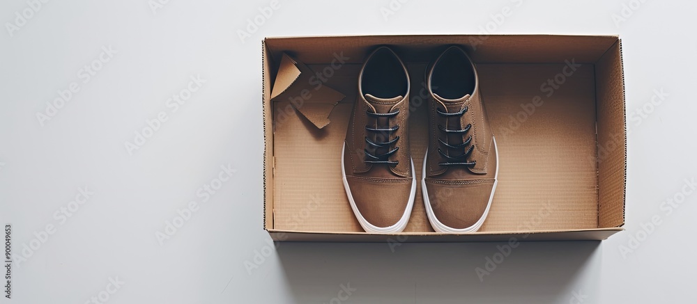 Aufkleber An unbranded cardboard shoe box sits partly open on a plain white backdrop ready as a blank template for customization with ample space for additional visuals or text