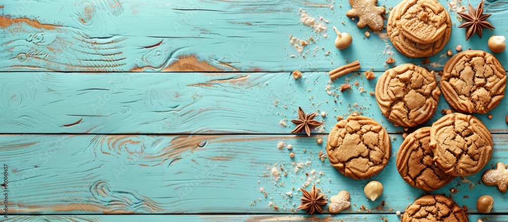 Poster light blue wooden planks backdrop featuring ginger cookies with ample copy space image