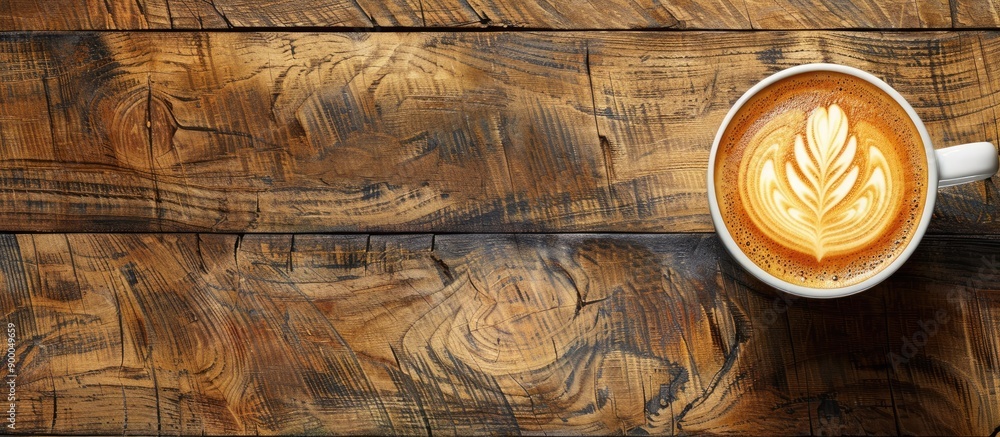 Fototapete hot latte art coffee cup on a wooden table with clear space for text or images. with copy space imag