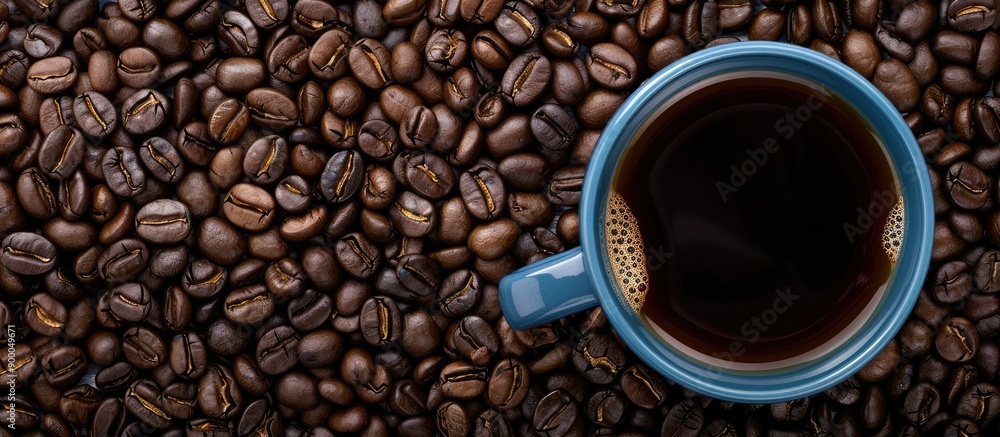 Poster top down view of a black coffee filled blue cup set against a background of freshly roasted coffee b