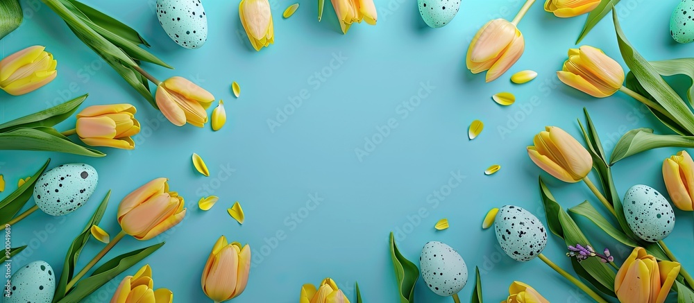 Leinwandbilder flat lay with easter eggs yellow tulips in a circle on a turquoise blue background creating a beauti