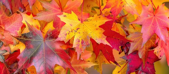 Fototapeta premium Deciduous sweetgum tree Liquidambar styraciflua displays vivid autumn shades perfect for a copy space image