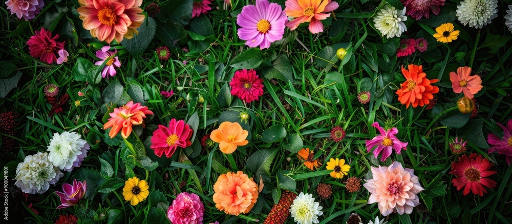 Poster Various lovely flowers displayed on lush grass with a flat lay perspective perfect for including text in the copy space image