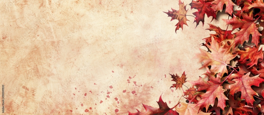 Poster fall themed background featuring red oak leaves in transition symbolizing the changing seasons from 