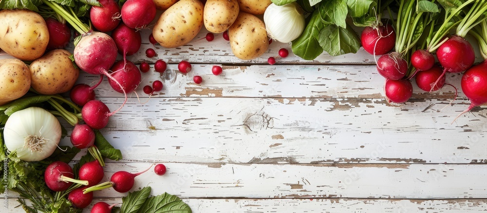 Poster various fresh produce like potatoes onions radishes and fruits are displayed beautifully on a white 