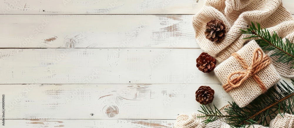 Poster a festive christmas arrangement with a gift cozy knitted blanket pine cones and fir branches on a ru