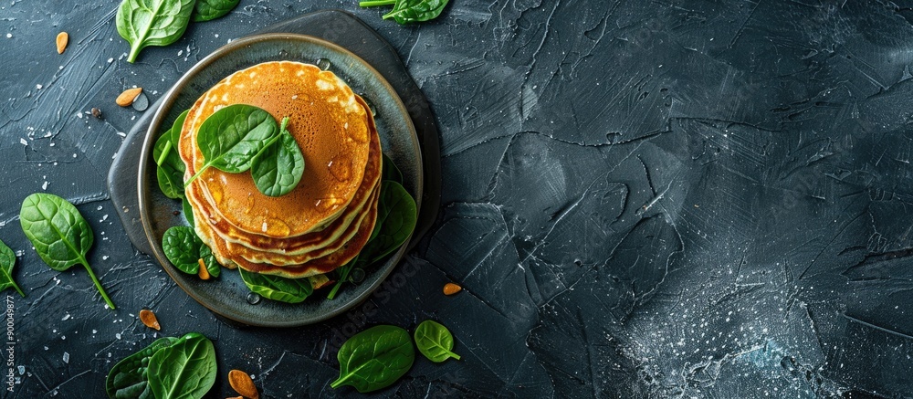 Leinwandbilder A top down view of a stack of nutritious homemade pancakes with spinach on a gray table showing a copy space image