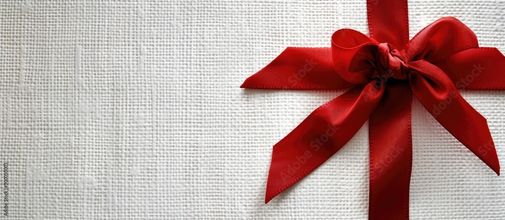 Fototapete A red ribbon with a bow gleams on a white textured paper backdrop incorporating space for text alongside the image. with copy space image. Place for adding text or design