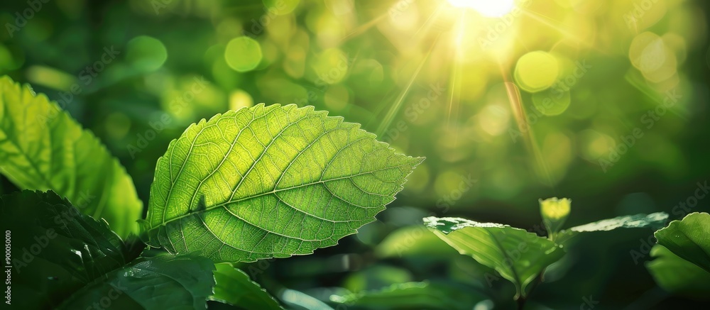 Aufkleber A close up view of a green leaf in sunlight with natural green plants creating a backdrop ideal for a copy space image