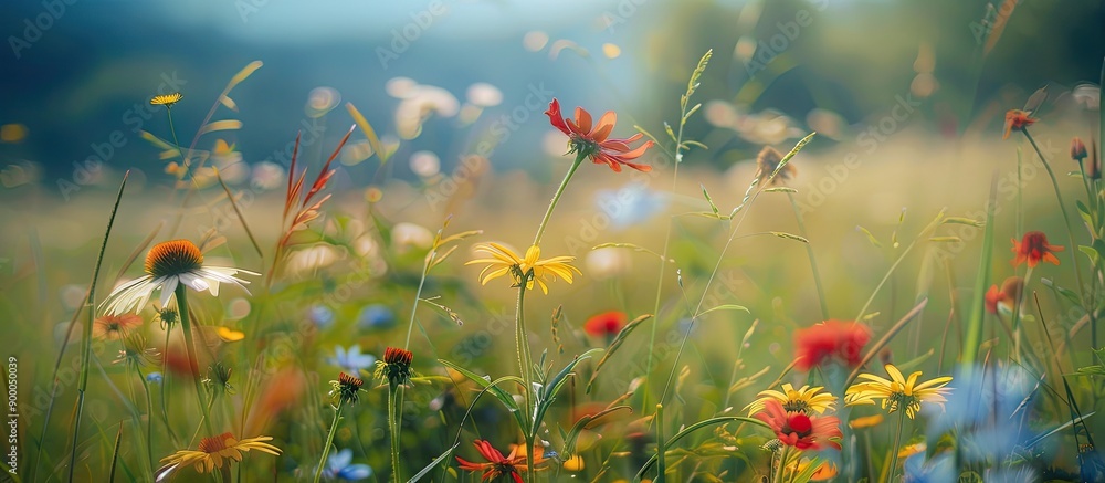 Fototapete Close up of wildflowers in lush summer meadows with a blurred backdrop perfect for adding text with copy space image