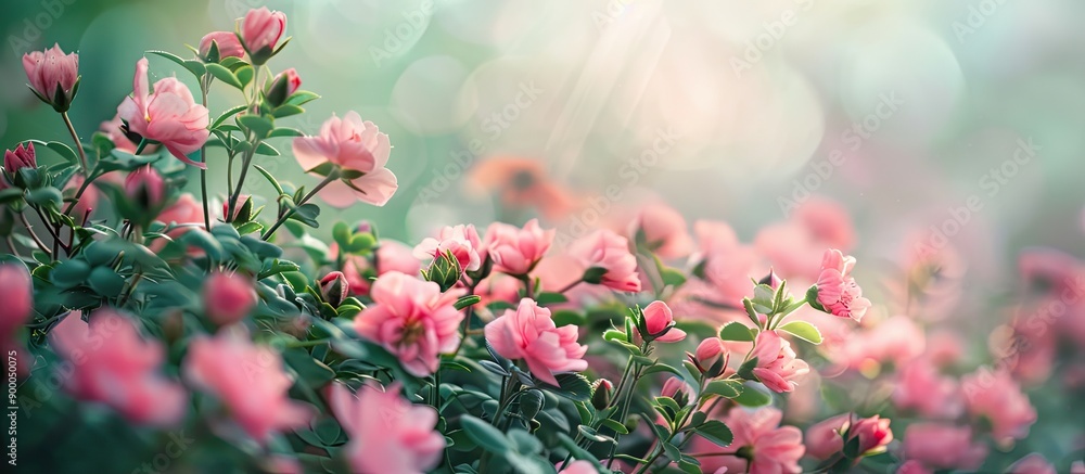 Aufkleber spring garden vibes with pink blooming flowers and a green leafy haze in the background perfect as a