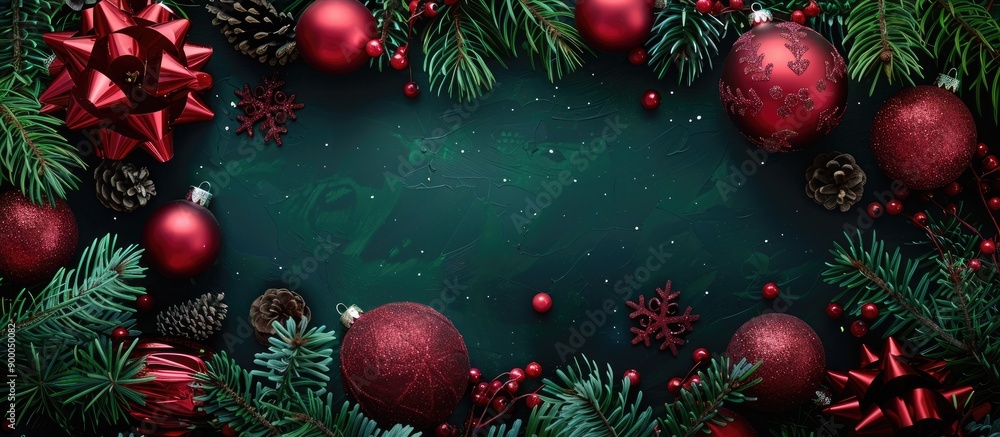 Poster christmas themed backdrop with a festive touch of red christmas ornaments ideal for creating holiday