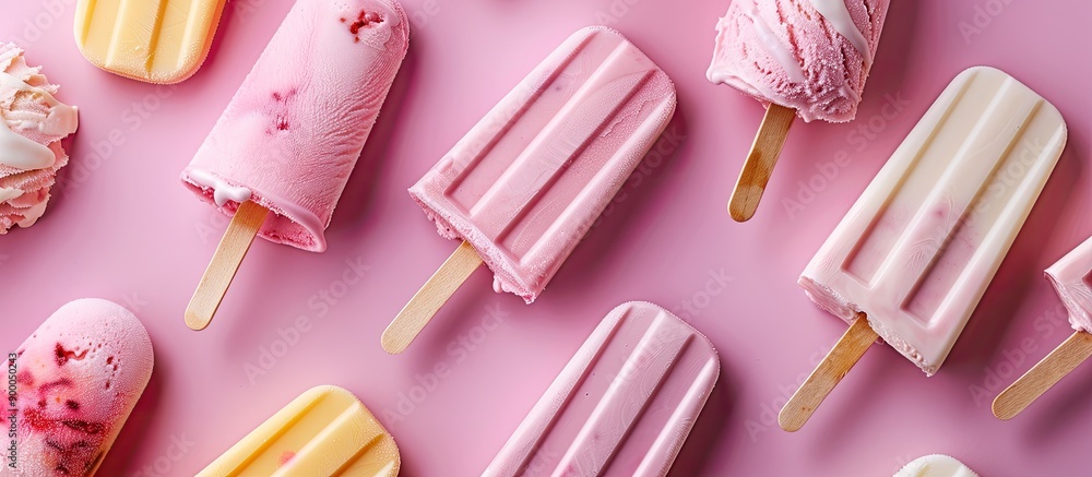 Poster Copy space image of various popsicle ice creams on a soft pink spring themed background photographed from above in a flat lay style