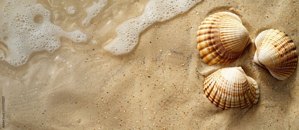 Leinwandbilder a beach setting with shells on sand textured surface focused copy space image