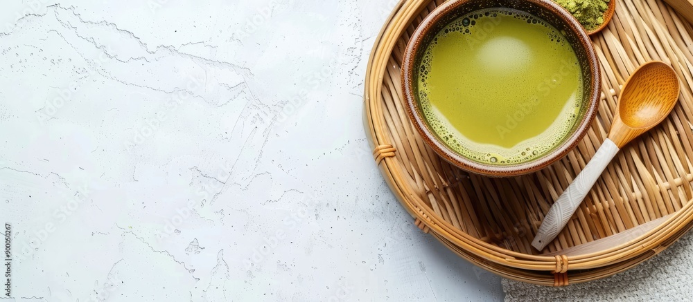 Poster Top view of a brown Cup filled with Matcha green tea on a bamboo plate with a spoon against a light background with copy space image