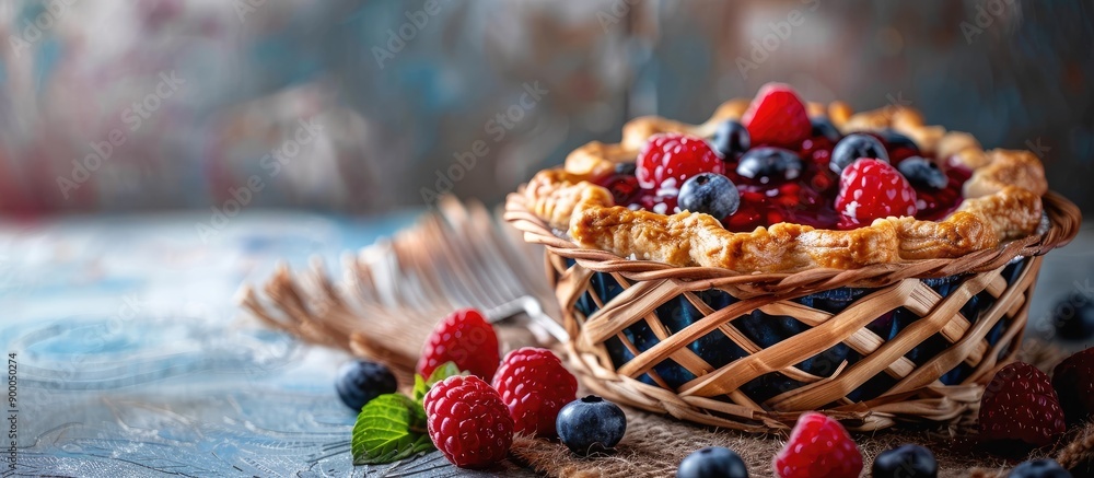 Poster a vintage style home dessert featuring pies in a basket filled with jam berries and fruit with copy 