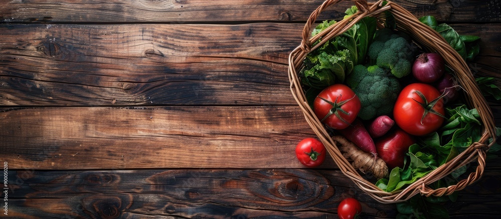 Aufkleber basket with fresh vegetables on a wooden backdrop with copy space for text