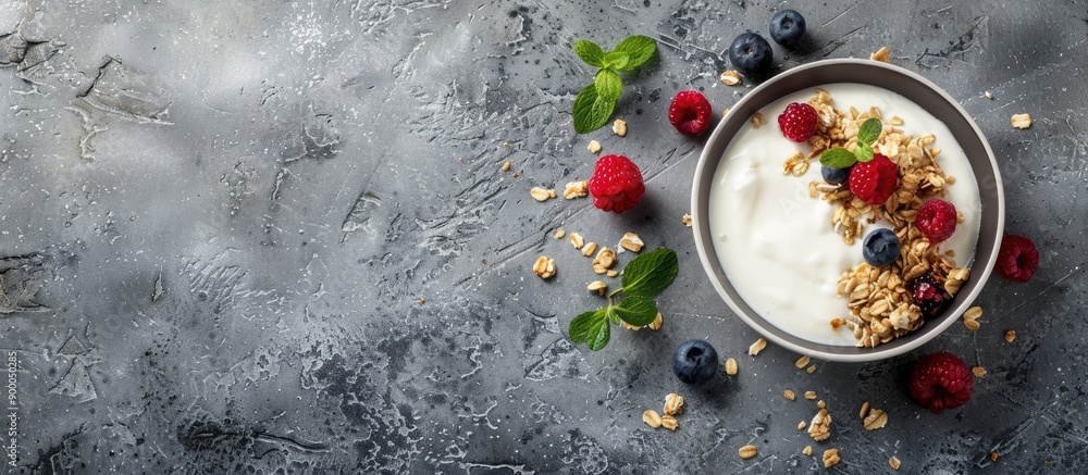 Poster Top view of a healthy breakfast consisting of granola with berries and yogurt on a grey stone background with copy space image available