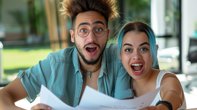 Surprised and Excided Professionals Reading Documents in Modern Workspaces