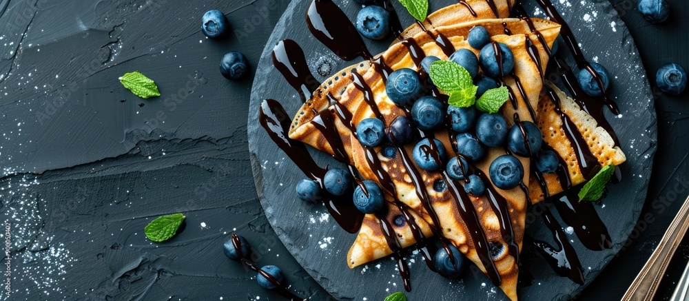 Poster chocolate crepes with blueberries sauce and mint leaves on a slate plate in a top view shot with a f