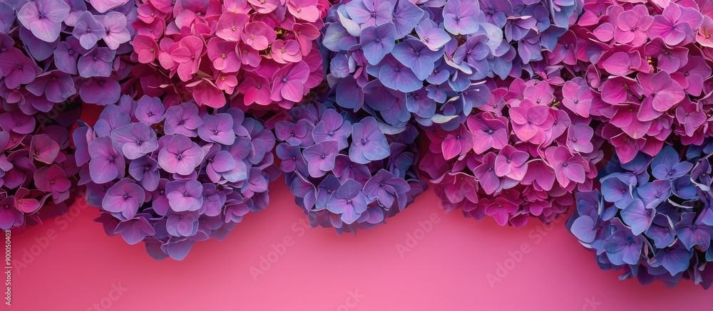 Poster a top down view of vibrant purple hydrangeas set against a pink backdrop with copy space image provi