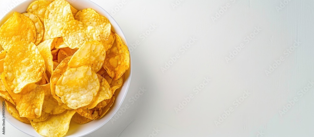 Aufkleber close up of potato chips in a plate on a white background with ample copy space image
