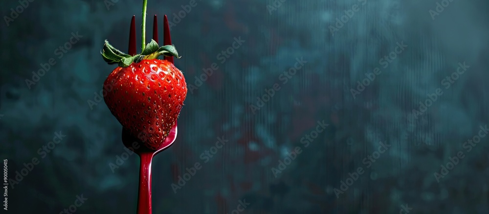 Poster a strawberry resting on a crimson fork in a copy space image