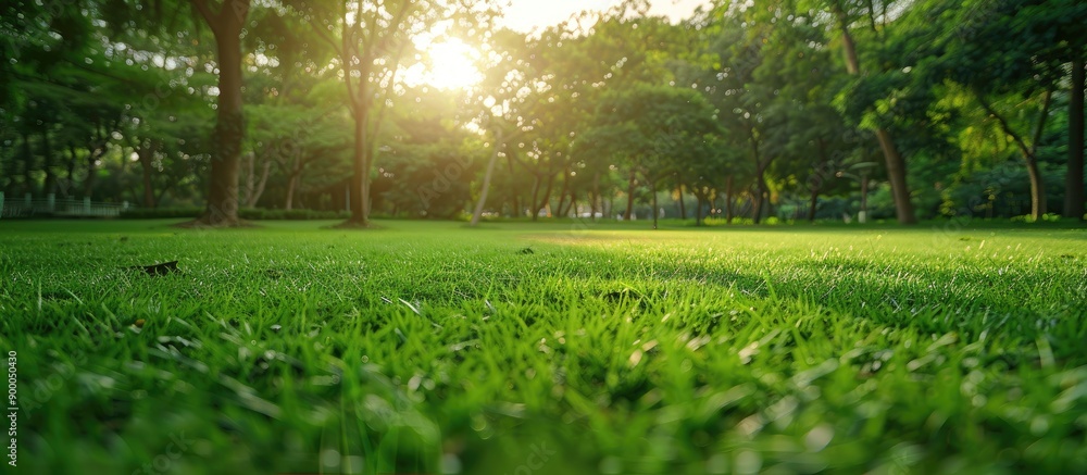 Poster stadium grass landscape background with a lush green grass field in a public park ideal as a natural