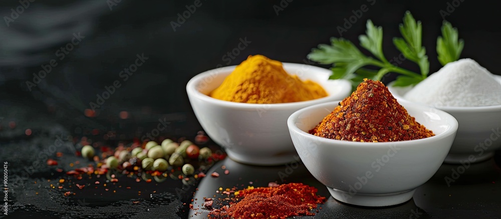 Poster indian spices in small white ceramic bowls on a reflective black surface offering space for your con