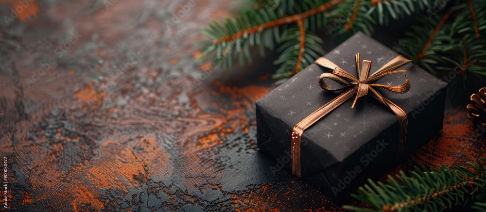 Poster christmas gift box in black and brown paper set on a textured surface with pine branches ideal for a
