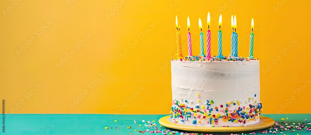 Poster Colorful background with a birthday cake and candles leaving room for adding text in a copy space image