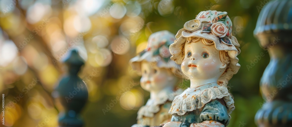 Aufkleber Charming ceramic dolls happily displayed on a fence with a blurred background creating a vintage setting perfect for a copy space image