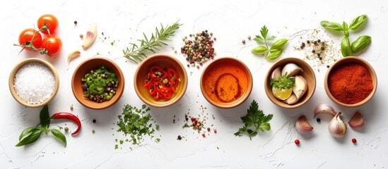 Vegetable soup ingredients displayed on a white backdrop with copy space image
