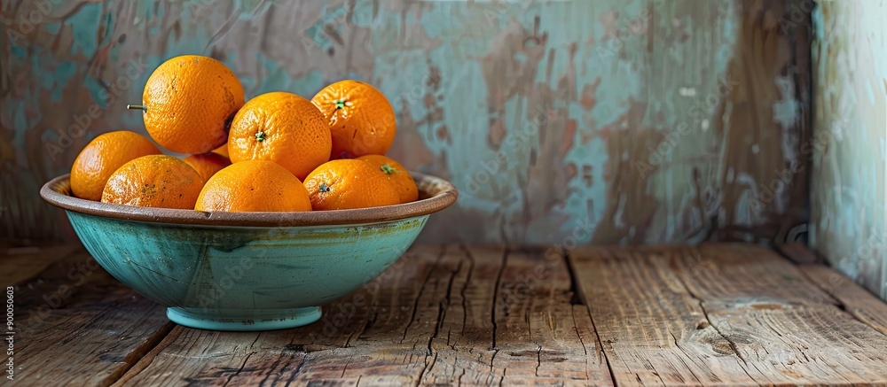 Poster Oranges in a bowl on a rustic wooden table with empty space for a picture. with copy space image. Place for adding text or design
