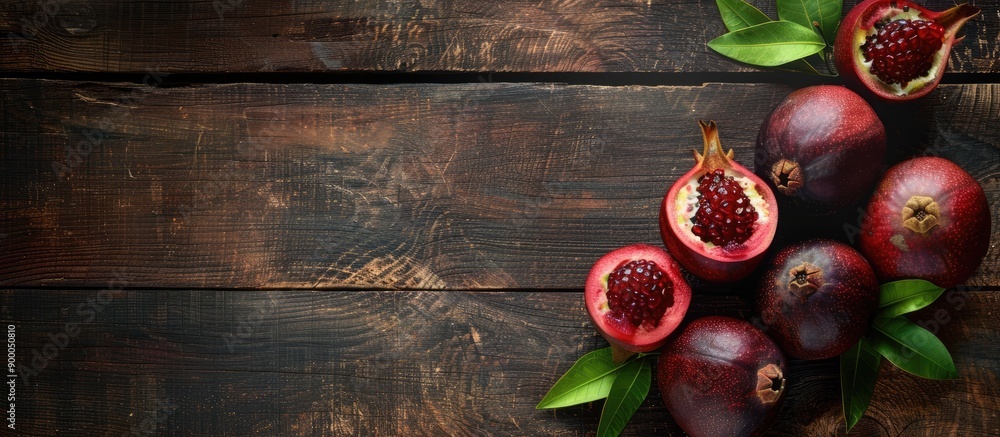 Poster top view of mangosteen fruit on a wooden table with copy space image