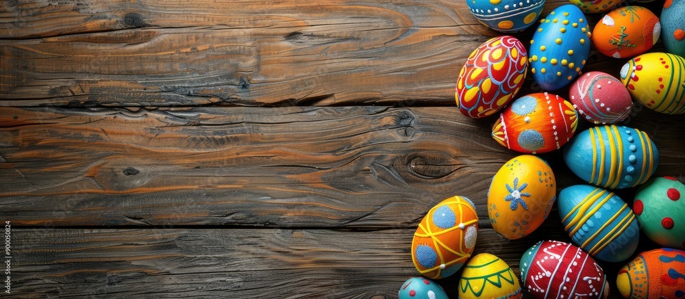 Poster wooden background with easter eggs for copy space image