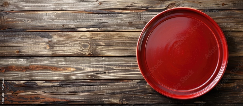 Aufkleber view of a red plate on wood background with copy space image for design