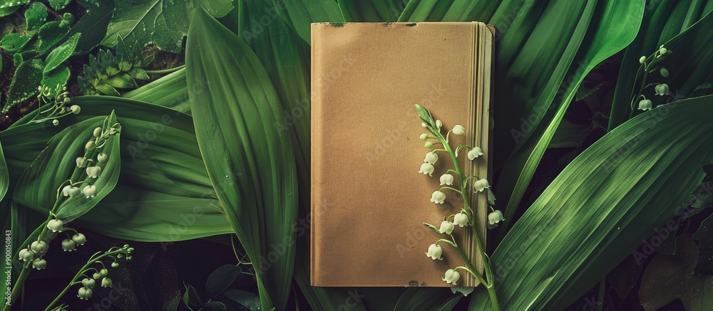 Poster vintage style top view mockup featuring a notebook and lily of the valley with ample copy space for 