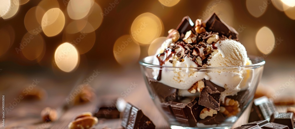 Aufkleber Close up of a glass bowl filled with ice cream dessert topped with chocolate and nuts on a wooden background with bokeh creating space for additional images