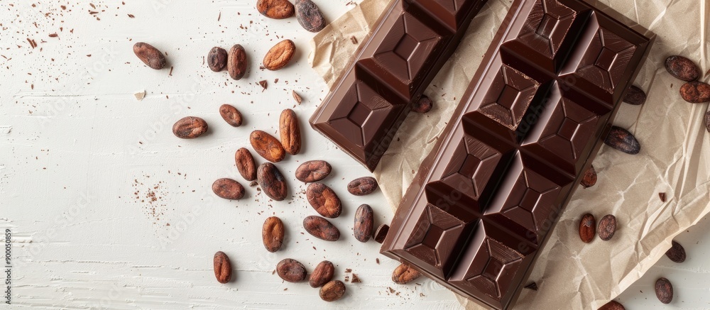 Fototapete top view of milk chocolate bar with carob cocoa butter and cocoa beans on a light wooden surface wit