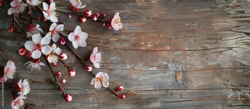 Leinwandbilder spring branches with white pink blossoms on wooden background in rustic composition on vintage textu