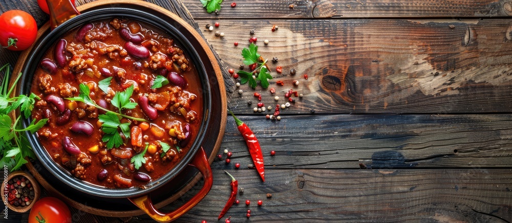 Aufkleber Flat lay of delicious chili con carne on a wooden table with room for text in the image. with copy space image. Place for adding text or design